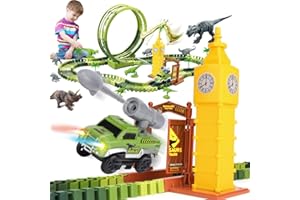 FRUSE Pista Macchinine Dinosauro Giocattolo,Piste Cars Macchinine Elettriche con 10 Figure di Dinosauri,147 Pezzi Dinosauri Giocattolo Regali per Bambini Ragazzi Ragazze 3 4 5 6 7 Anni