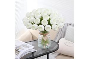 Justoyou - 15 tulipanes artificiales de seda y látex con tallos, de tacto real, para decoración de casa, bodas y jardines (blanco)