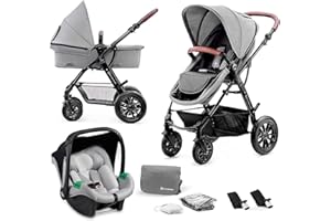 Kinderkraft MOOV Pram 3 in 1 Set, with Infant Car Seat Mink PRO I-Size, Travel System, Baby Pushchair, Buggy, Foldable, Accessories, Rain Cover, Footmuff, for Newborn, from Birth to 3 Years, Gray
