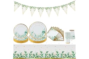 QIFU 98pcs Vaisselle Jetable Anniversaire, Assiette Jetable Vert Gobelets Jetables Et Nappe De Table&Bannière,Vaisselle Jetable Mariage, Set Couvert Jetable pour Decoration Anniversaire Baby Shower Mariage