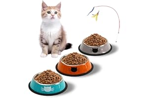 MYTHOSURGE Katzennapf 3er Set + Katzenspielzeug, Futternapf Katze, Edelstahl-katzennäpfe,Katzenschüssel, Fressnapf Katze, Wasser Fütterung Schüssel, für Katzen und kleine Hundetiere (Orange + Silber + Blau)