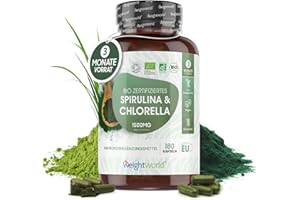 Bio Spirulina & Chlorella 3 Monate Vorrat 1500mg Pulver nur in 2 Kapseln Zertifizierte Zutaten 180 Vegane Kapseln - Super Gre