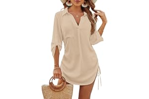 NLAND Vestido de Playa para Mujer Cuello en V Camisa Suelto de Bikini Cover Up Color Sólido Blusa Camisolas Larga Casual Tops Túnica Verano para Piscina Vacaciones