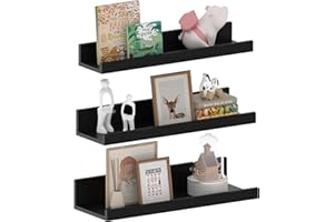 EXYGLO 16 Inch Black Floating Shelves for Wall Set of 3, Wood Picture shelves Wall Mounted Shelves for for Bedroom, Kitchen, Bathroom, Living Room, Office