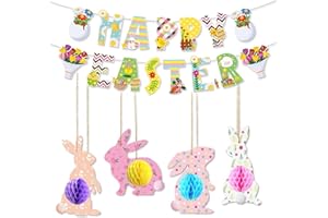 SOVANNA Easter Decorations, Happy Easter Banner, 3D Honeycomb Tree Decor for Party Decorations, Hanging Bunny Egg Spring Decor