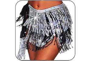 Flovel Rock mit Pailletten, Quaste, Bauchtanz, Hüfttuch, Rave-Kostüm, Fransenrock, Karneval-Rave-Outfit für Frauen und Mädchen