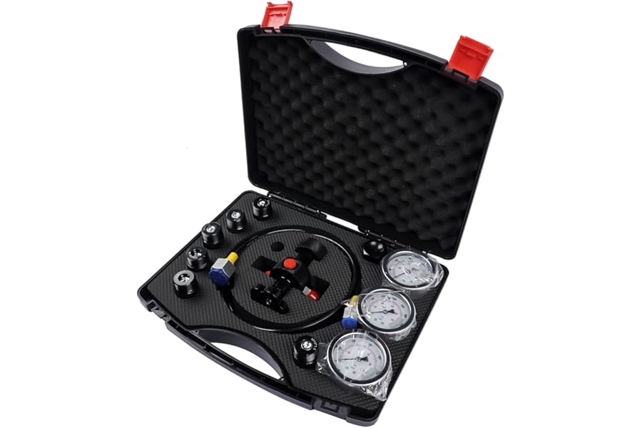 Mazonda Hydraulic Nitrogen Accumulator Charging Kit, Nitrogen Pressure Test Kit with 3 Gauges 1300 3500 5500 psi & 6 Adapters, Gas Hose & Main Valve Body, Nitrogen Fill Kit, Gas Charging Tools