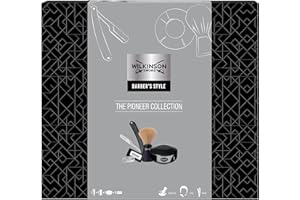 Wilkinson Sword - Coffret Cadeau Pour Hommes The Pioneer Collection - Barber's Style - Shavette - 5 Recharges de Lames à Double Tranchant - Blaireau - Savon à Barbe 125gr
