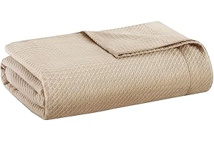 Madison Park Miękki, certyfikowany, 100% egipska bawełna, oddychający, przytulny koc, wysokiej jakości dzianina waflowa, klasyczny design, luksusowy lekki pokrowiec na łóżko, kanapę i sofę, khaki (168