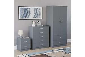 Vida Designs Riano 3 Piece Bedroom Set - 2 Drawer Bedside Chest, 5 Drawer Chest, 2 Door 2 Drawer Wardrobe - Grey