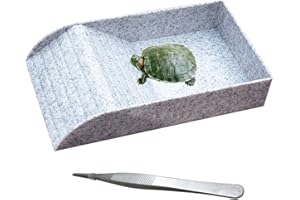 kathson Reptile Tortoise Turtle Feeding Dish with Ramp and Basking Platform Plastic Turtle Food and Water Bowl Also Fit for Bath Horned Frogs Lizards Amphibians(White, Emulational Granite)