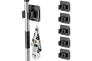 Relota 6 Pièces Accroche Balai Mural en Acier Inoxydable 304, Porte Balais Mural Sans Percage, Support de Vadrouille Auto-Adhésif avec Crochets pour Cuisine, Salle de Bain, Garage, Jardin (Noir)