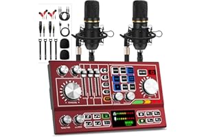 Hayner-Seek Podcast Equipment Bundle for 2, ALL-IN-ONE Audio Interface DJ Mixer With 3.5mm XLR Condenser Microphone for Living Streaming,Recording,Gaming,TikTok,YouTube,PC,Smartphone (Red)