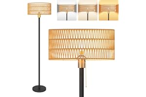 LGMCF Cordless Floor Lamp for Living Room, 5200mAh Rechargeable Rattan Standing Lamp with 9W Bulb, 3 Colors, Adjustable Height, Battery Operated Rustic Boho Tall Pole Lamp for Bedroom Office
