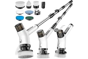 Electric Spin Scrubber, FYDEE 7 in 1 Electric Cleaning Brush with 2 Adjustable Speeds and Spray Device, IPX7 Waterproof Bathroom Cleaner Brush, 3000 mAh Power Scrubber for Floors, Windows - White