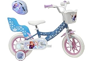 Disney Vélo 12'' Fille Frozen équipé de 1 Frein, Panier Avant, Porte poupée arrière, Garde boues, Carter et stabilisateurs + Casque Reine des neiges Inclus Enfant, Bleu Ciel, 12