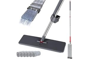 HEVOL Flacher Wischmopp,130cm Flachmopp mit 6 Wischpads und Edelstahlgriff,Wischmopp mit Auswringfunktion,Mikrofaser Bodenwischer für Hartholz, Fliesen, Laminat, Marmor - Grau + Rot