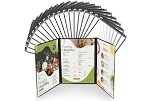 WenYa Lot de 20 couvertures de menu A4 - 3 pages - 6 vues (triple pliage) - Style café - Bordure noire transparente - Avec protections d'angle en métal - Convient pour le papier de format A4 pour