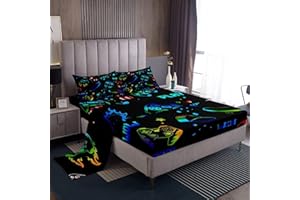 LOUSSIESD Gamer Lenzuola Da Gioco Biancheria Da Letto Per Bambini Ragazzi Ragazze Bambino Videogioco Gamepad Skateboard Set Biancheria Da Letto Ultra Morbido Hipster Set Singolo