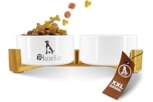 bluzelle Ciotola Cane 2-in-1 XXL, Ciotole Ceramica 850ml con Struttura in bambù, Doppia Ciotola Rialzata per Cani e Gatti, Antiscivolo, Lavabile in Lavastoviglie e Microonde, Colore:Bianco