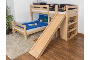 STEINER SHOPPING Kinderbett Etagenbett Moritz L Buche Vollholz massiv natur mit Regal und Rutsche, inkl. Rollrost - 90 x 200 cm, teilbar