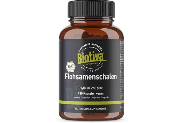 Téguments de psyllium Pureté 99% bio 150 Gélules - 700mg - Fibres alimentaires - Digestion - Végan, paléo - Conditionné et contrôlé en Allemagne - Biotiva