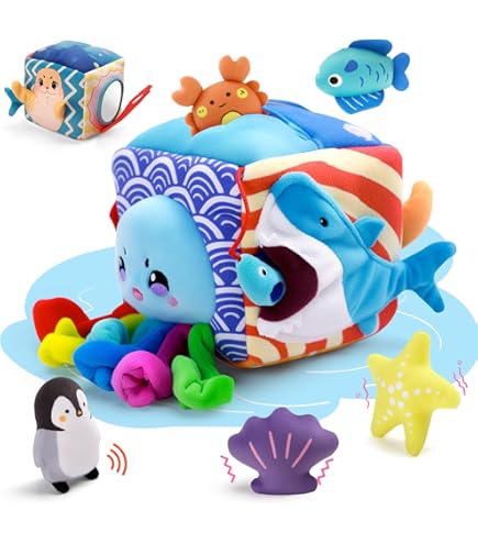 SAIMAND Montessori Babyspeelgoed 6-12 maanden, verrassingsschuur met pluche boerderijdieren, rammelaar, knisperpapier en spiegel, Montessori-speelgoed voor baby's vanaf 6 maanden