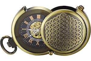 TREEWETO Montre de Poche Unique Bronze Cas de Creux Squelette Mécanique pour Les Hommes Femmes avec chaîne