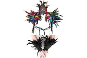 Niceyoeuk Women Natural Feather Cape with Wrist Cuffs Wristband Maleficent Costume Gothic Lacing Shawl Shrug Collar Feather Cape for Halloween Cosplay Christmas Party (Colorful 02)