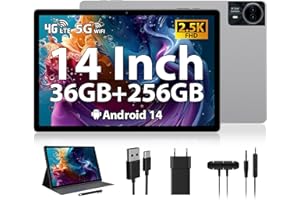 RUSHAR Tablet 14 Pulgadas,Android 14 con 36GB RAM+256GB ROM (1TB TF),4G LTE/SIM+5G WiFi,11580mAh|2240 * 1400HD|Octa-Core 2.0GHz|13MP+8MP|Face ID|BT 5.0,Tablet con Lápiz y Funda,Silver