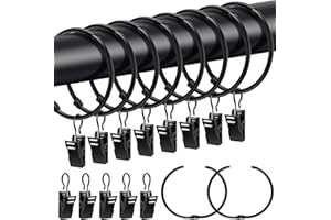 Caianwin 20 Stück Gardinenringe mit Clips, Metall Vorhangringe zum öffnen 50mm Innendurchmesser, Gardinenringe Haken für Stange, Duschvorhang(Schwarz)