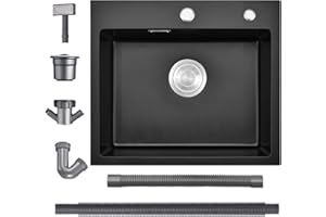 Evier Cuisine en Granit 50 x 45 cm, Bokaiya Evier Cuisine 1 Bac avec Egouttoir, Évier à Encastrer au meuble 45cm, Evier Noir en Granit, Lavabo Cuisine 1 bac, Evier Noir en Grani