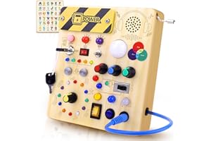 SUMSOLTIC Busy Board Zabawki Montessori dla 1 roku życia Drewniane zabawki sensoryczne z 12 przełącznikami i 27 diodami LED Tablica aktywności dla maluchów dla chłopców i dziewczynek