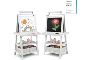 COSTWAY 3 in 1 Cavalletto per Bambini con Doppia Faccia, Cavalletto per Disegno con 2 Vassoi e 2 Scatole, Lavagna Bambini in Legno (Bianco)