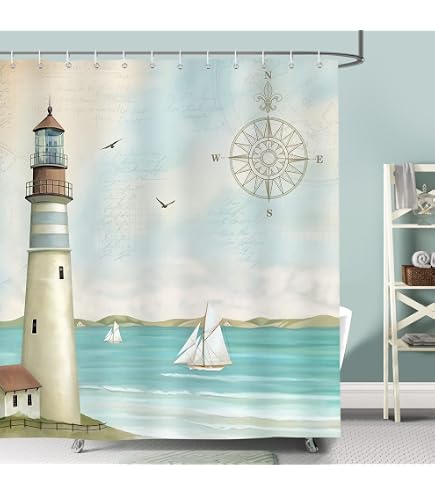 Duschvorhang Weihnachts-Leuchtturm, Winter-Design Mit Schneemann, 178 Cm, Stoff, Inkl. Haken, Badezimmer-Deko