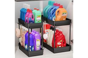 PurKeep Küchen Organizer Küchenschrank Organizer - 2 Stück 2 Etagen Küchenaufbewahrung unter der Spüle, Unterschrank-Organizer mit Haken, für Badezimmer, Küche, Arbeitsplatte, Schwarz