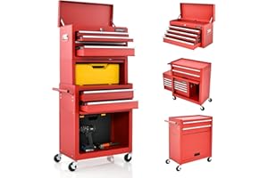 COSTWAY Servante d'Atelier à 6 Tiroirs avec Coffre Outils Amovible et Armoire de Rangement, Caisse à Outils Roulante Verrouillable Étagère Réglable Doublure EVA, pour Garage Atelier (Rouge)