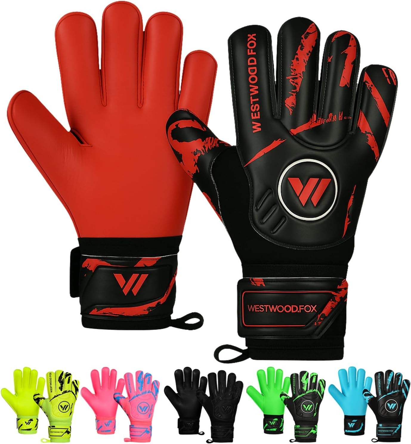 WESTWOOD FOX Gants de gardien de but de but de football, protection des doigts pour enfants, jeunes et adultes, avec paume en latex à forte adhérence, 4 + 3 mm, support de poignet