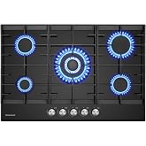 GASLAND GH2805BG1FC Butane Gas Hob 76 cm, 5 Stove Recessed Cooker with Wok Burner, Black Glass Hob, 10400 W, Natural Gas/LPG
