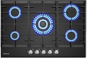 GASLAND GH2805BG1FC Table de cuisson à gaz 5 feux, avec brûleur wok, encastrable, 76cm noir, cuisinière à gaz en verre, 10.4KW, GPL/NG