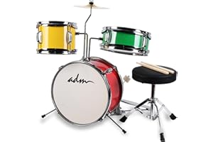 ADM Kinder Schlagzeug Set für Anfänger, von 3-9 Jahren, 14" 3 PC Junior Drum Schlagzeug Kit mit Snare, Tom, Bass Drum, Pedal, Throne, Becken, Drumsticks und Stille Matten(rot, gelb, grün)