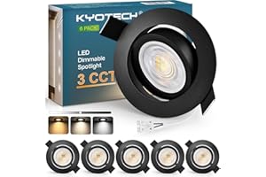 KYOTECH Foco LED empotrable 230 V, regulable, 68-75 mm, 5 W, ultraplano, 550 lm, 3000 K/4000 K/6500 K, orientable 45°, IP44, baño, negro, 6 unidades