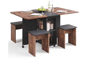 Mondeer Folding Dining Table and Chairs Set 4, Drop Leaf Table for Small Spaces with 4 Chairs, Foldable Table with Storage Shelf, for Kitchen Dining Room (Rustic Brown and Black)
