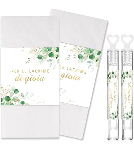 120 Sacchetti Fazzoletti Matrimonio Eleganti - Buste Porta Fazzoletti 'Lacrime Di Gioia' Con Design Foglia Verde Per Cerimonia