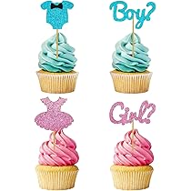 Caissettes Cupcake 24 Pièces Kit Gender Reveal : Cake Topper Rose & Bleu Pour Baby Shower Boy Or Girl