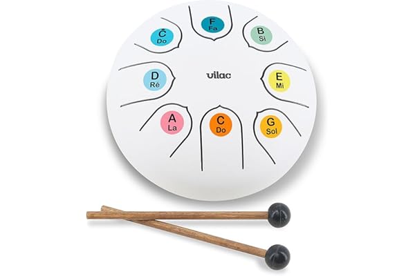 Vilac - Tongue Drum - Instrument de percussions en métal au Son Zen, accordé en Do Majeur avec Une Octave, idéal pour initier Les Enfants à la Musique. Comprend partitions et fiche explicative