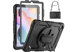SEYMCY for Samsung Galaxy Tab S6 lite Case 10.4 Inch 2024/2022/2020, Shockproof Case with Screen Protector, Rotating Stand/Hand Strap, Shoulder Strap, Pen Holder, Samsung S6 Lite Tablet Case, Black