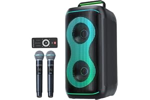 GKD61 Karaoke Maskin för Vuxna, 2 Trådlösa UHF Mikrofoner, 400 W Toppkraft, Dubbla 6,5" Subwoofers, Bärbar Bluetooth Partyhögtalare, Fjärrkontroll, Bas- och Diskantkontroll för Både Utomhus och Fest