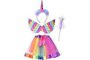 Clundoo Mädchen Einhorn Prinzessin Kleid, Tutu Rock Mädchen mit Einhorn Stirnband Flügel Zauberstab, Einhorn Kostüm Mädchen für Halloween Weihnachten Karneval Geburtstag Party