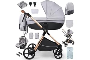 Nine point nine Kinderwagen 3 in 1, Kinderwagen Set mit Umkehrbarem Doppelschiebemodus, Kombikinderwagen 3 in 1 mit Großer Bequemer Babywanne, Kinderwagen Rahmen Aluminiumlegierung (H2 Light Grey)